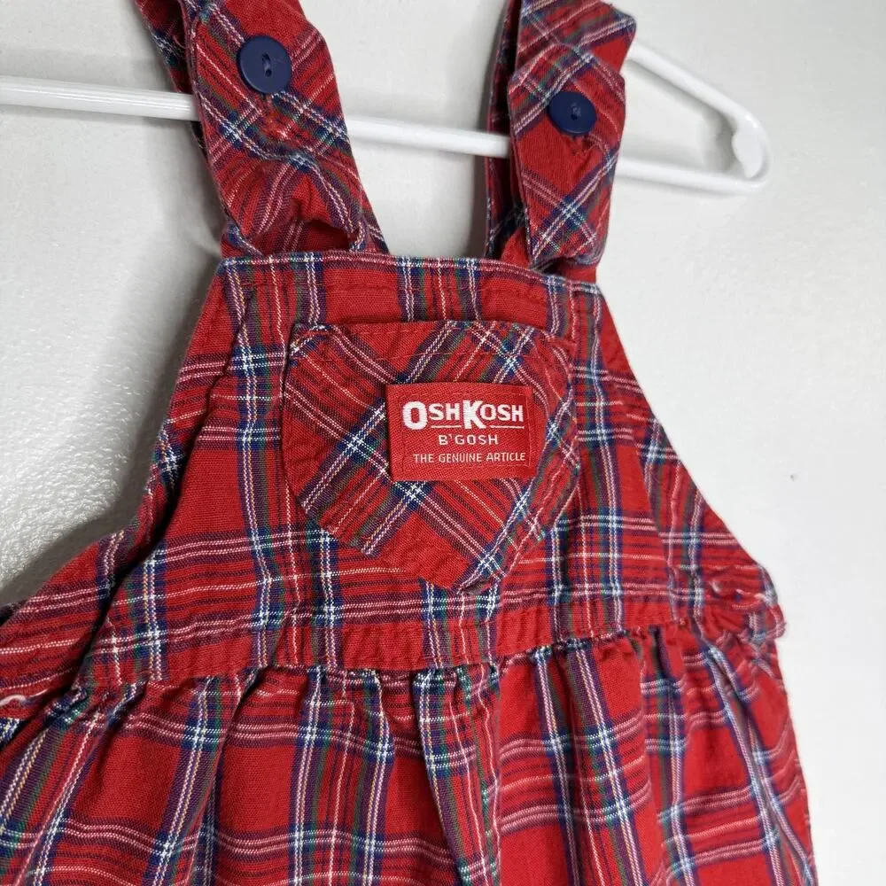 OshKosh Bgosh Overalls Baby Girl 6-9M Vintage Red Plaid Vestpak Cotton 90s USA